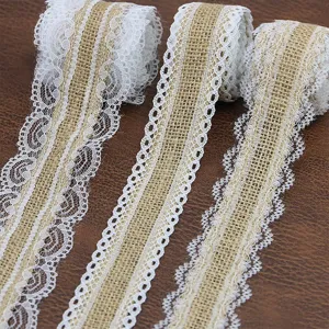 Burlap ribbon with white lace trim, rustic vintage fabric roll for wedding DIY craft sewing.