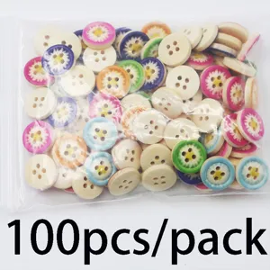 Detailed shot of 100pcs colourful wooden daisy printed buttons with 4 holes, 1.5cm size for DIY sewing.