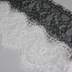 Close-up detail of black and white lace fabric trim with exquisite eyelash edges.