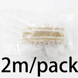 Burlap ribbon with white lace trim, natural jute fabric for sewing, wedding and DIY crafts.
