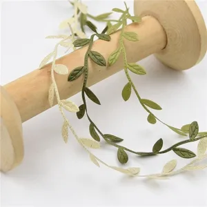 Close-up detail shot of the fabric leaf ribbon and lace trim wrapped around a wooden spool.
