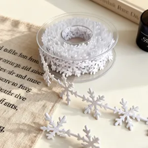 Close-up detail of white snowflake ribbon spool, perfect for Christmas gift wrapping.