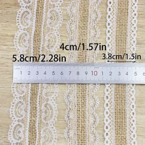 Detailed view of assorted width lace burlap ribbon trim for sewing crafts and wedding DIY.