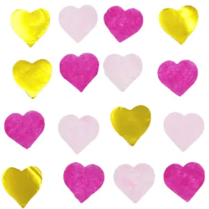 Heart confetti detail showing mixed gold light pink and dark pink foil hearts for wedding.