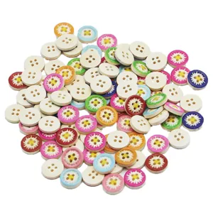 Detail view of 1.5cm colorful daisy wooden sewing buttons, multi-color DIY craft accessories.