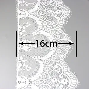 White lace trim detail, 16cm wide eyelash lace fabric for DIY sewing and apparel accessories.