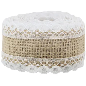 Close-up detail of natural burlap ribbon featuring delicate white lace trim for crafts.