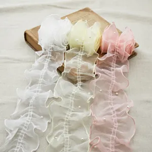 Cinta de Ribete de Encaje de Organza Plisada con Perlas para Costura DIY Accesorios de Prendas y Decoración