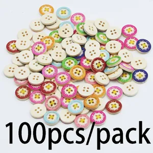 100pcs colorful wooden daisy buttons 1.5cm 4 holes painted sewing craft DIY accessories
