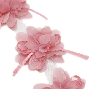 Chiffon flower lace fabric trim detail view, 75mm pink handmade DIY ribbon craft accessory.
