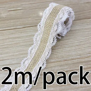 Burlap ribbon with white lace trim, 2m/pack, perfect for sewing, crafts, and wedding DIY decor.