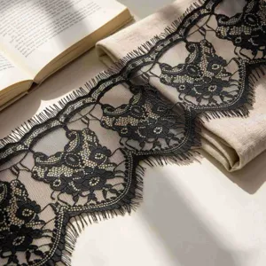 Black lace trim ribbon with delicate eyelash fringe for sewing, garment decor, and gifts.