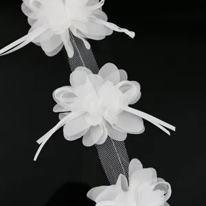 White chiffon lace flower ribbon trim 75mm multi petal fabric handmade DIY craft accessory.