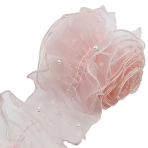 Adorno de encaje de organza plisado rosa con perlas, 11cm de ancho 2 metros accesorio.