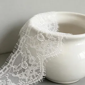 Close-up detail shot of white lace trim ribbon highlighting delicate floral pattern.