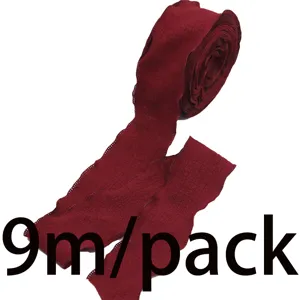Burgundy ruffled fabric ribbon 4cm wide, 9 meters per pack for gift wrapping and party decor.