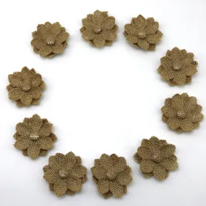 10pcs burlap flowers 6cm rustic jute floral embellishments for crafts apparel decoration and DIY.