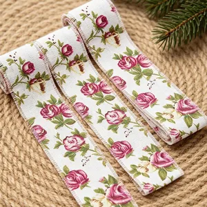 Vintage Floral Cotton Linen Ribbon 5cm Wide Rose Printed Fabric Roll For Sewing Garment DIY Home Decor Craft