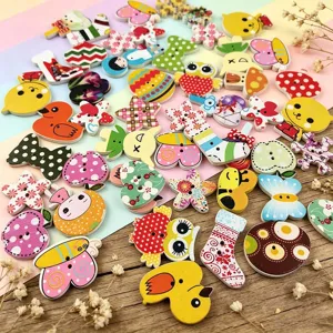 Mixed Wooden Cartoon Animal Print Buttons Two-Hole Craft Buttons For Clothing Sewing DIY Handcraft Decor