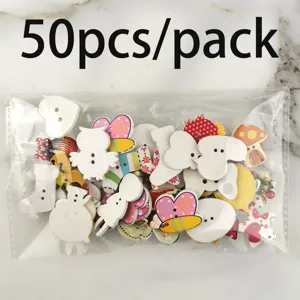 Close-up of mixed wooden cartoon animal buttons in a transparent pack, ideal for sewing DIY.