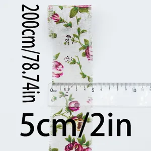 Cotton linen rose printed ribbon roll, 5cm width 200cm length for sewing crafts DIY decor.