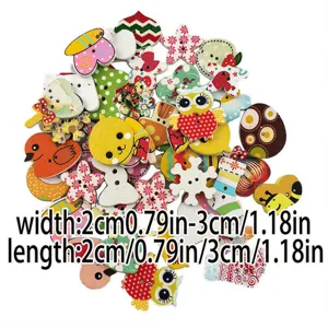 Detailed view of mixed wooden cartoon animal buttons, two-hole DIY sewing craft accessories.