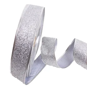 Silver glitter ribbon for Christmas tree decoration, gift wrapping and DIY crafts, 5cm wide.