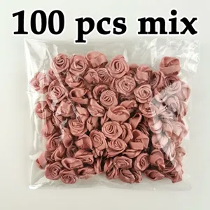 Mini flores de rosas de cinta satén 1cm rosa polvoriento tela paquete para decoración boda detalle