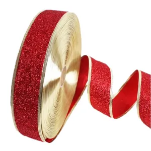 Close-up detail of the red glitter ribbon with gold wired edges for crafts and gift wrapping.