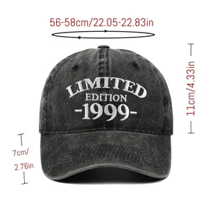 Distressed washed baseball cap with 1999 limited edition embroidery and product size specs