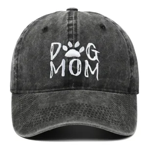 Washed cotton baseball cap with white Dog Mom paw print embroidery on black background