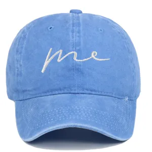 Sky blue washed cotton baseball cap with white 'me' script embroidery sun shade hat