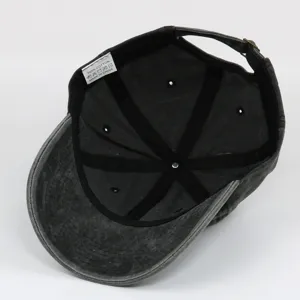 Interior view of washed cotton baseball cap showing 100% cotton label detail