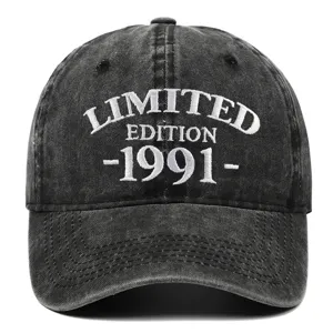 Detailed view of white embroidered 'Limited Edition 1991' on vintage washed black cap