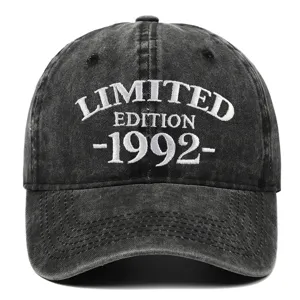 Detailed front view of washed grey baseball cap with white LIMITED EDITION 1992 embroidery