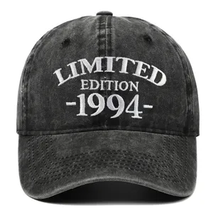 Detailed front view of washed black vintage baseball cap with 1994 limited edition embroidery