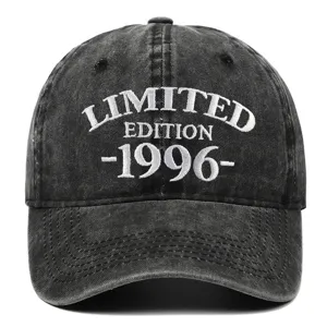 Close-up of vintage washed baseball cap with white Limited Edition 1996 embroidery.