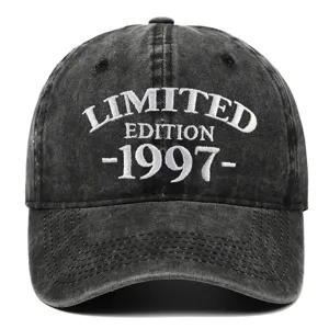 Front detail of washed black baseball cap with 1997 limited edition embroidery