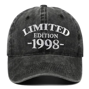 Detail of vintage washed baseball cap with white embroidery 'LIMITED EDITION 1998'