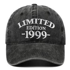 Front view detail of a black washed distressed baseball cap with white 1999 embroidery