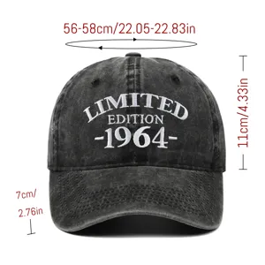 Size detail showing dimensions of the 1964 embroidered washed distressed baseball cap.