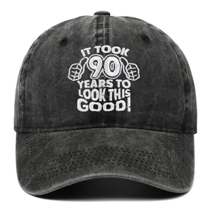 Close-up front detail of the 90th birthday embroidered washed cotton baseball cap