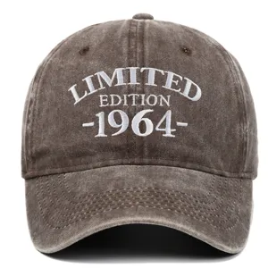 Front view of washed cotton baseball cap with 1964 embroidered limited edition design