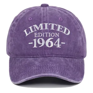 Detailed view of the purple washed cotton baseball cap with 1964 limited edition embroidery