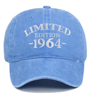 Front detail of a washed blue baseball cap featuring white 1964 embroidery design