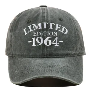 Macro detail of vintage washed cotton baseball cap with 1964 embroidered design