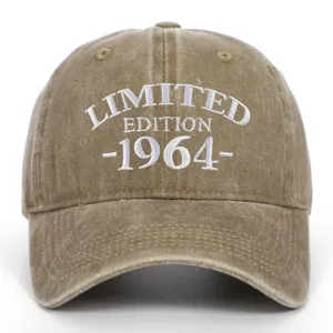 Close-up of white 1964 Limited Edition embroidery on a khaki washed cotton baseball cap.