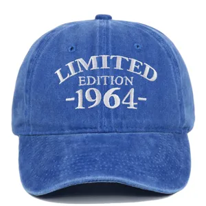 Detail of white 'LIMITED EDITION 1964' embroidery on blue washed cotton baseball cap