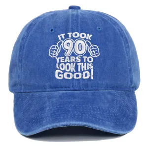 Front view of blue washed cotton baseball cap with 90th birthday embroidery