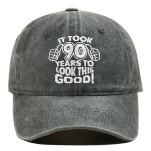 Detailed front view of washed cotton baseball cap with 90th birthday gift embroidery